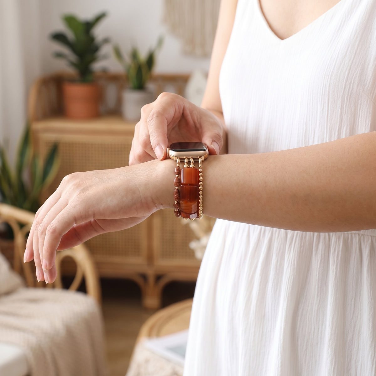 Bracelet extensible Apple Watch en cornaline couleur flamme du désert