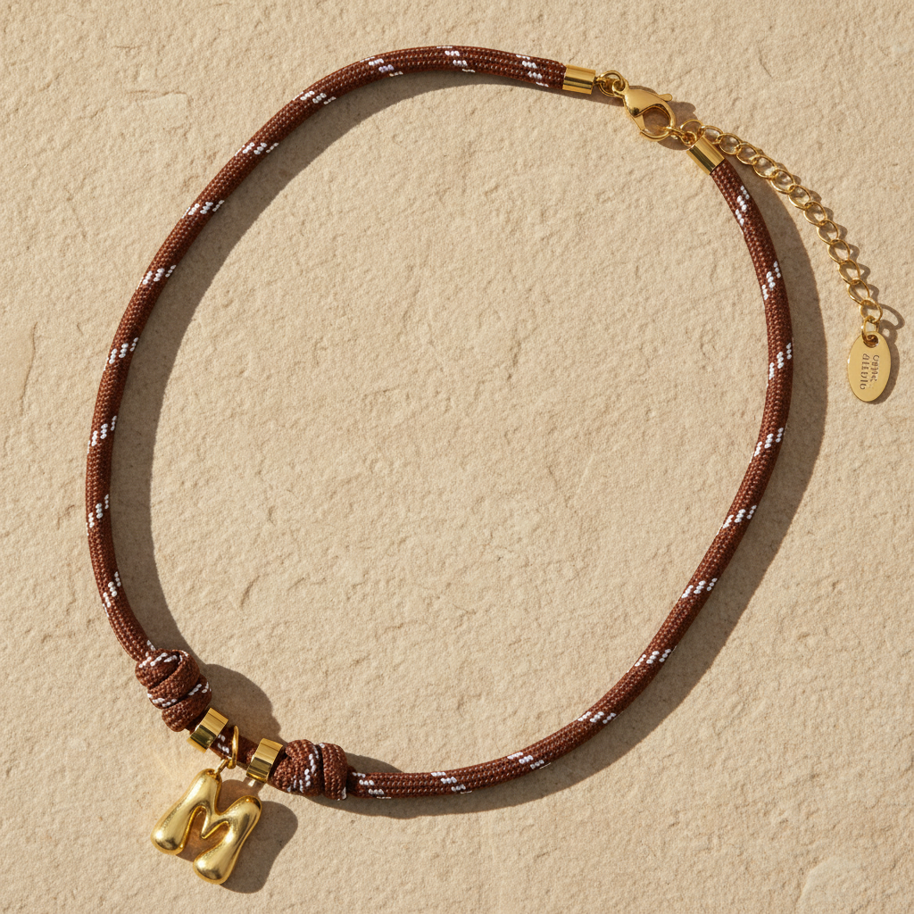 Collier corde lettre bulle dorée
