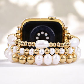 Bracelet extensible Apple Watch en perles d'eau douce dorées