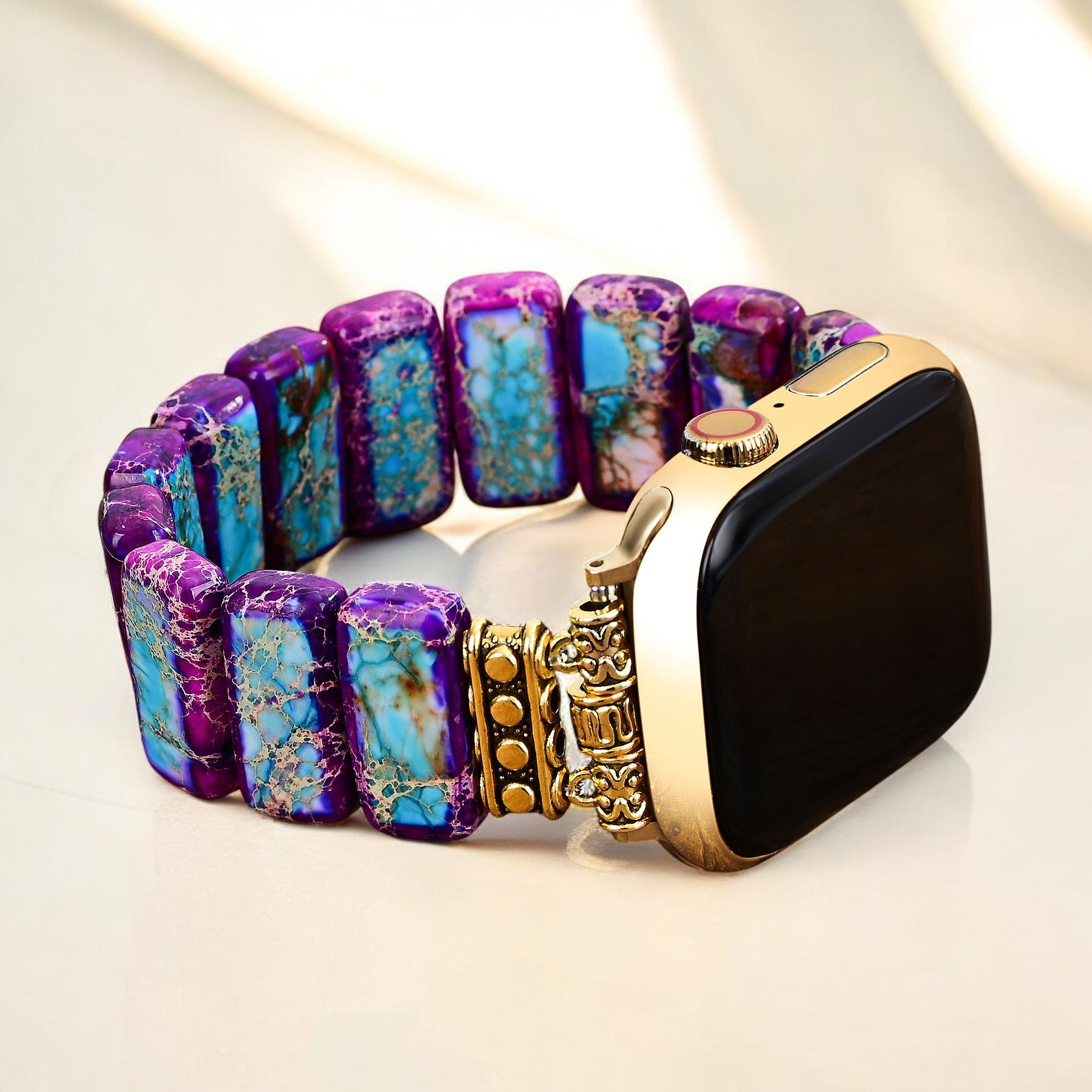 Bracelet extensible en jaspe tibétain majestueux pour Apple Watch