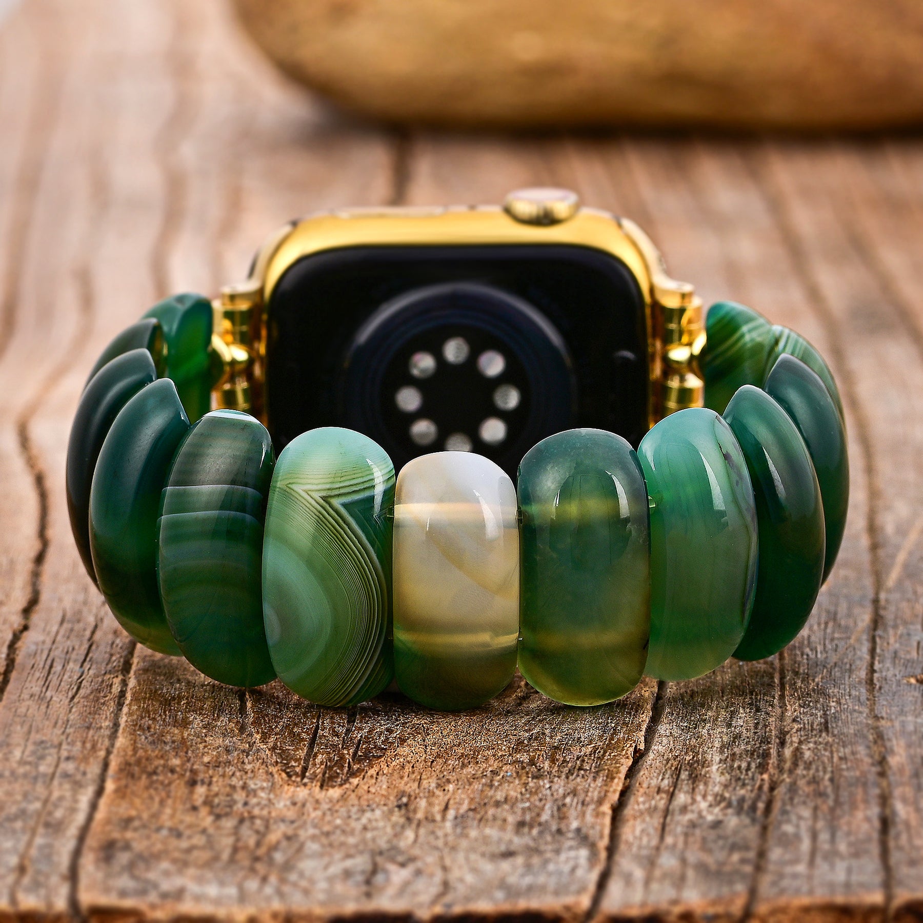 Bracelet Apple Watch en agate émeraude extensible