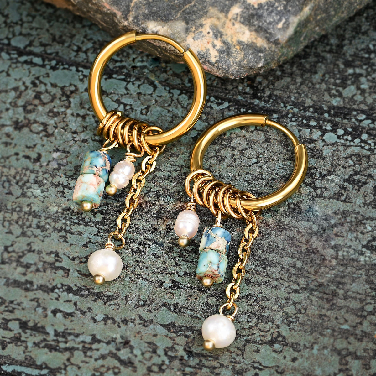 Boucles d'oreilles créoles en perles et agates Golden Grace