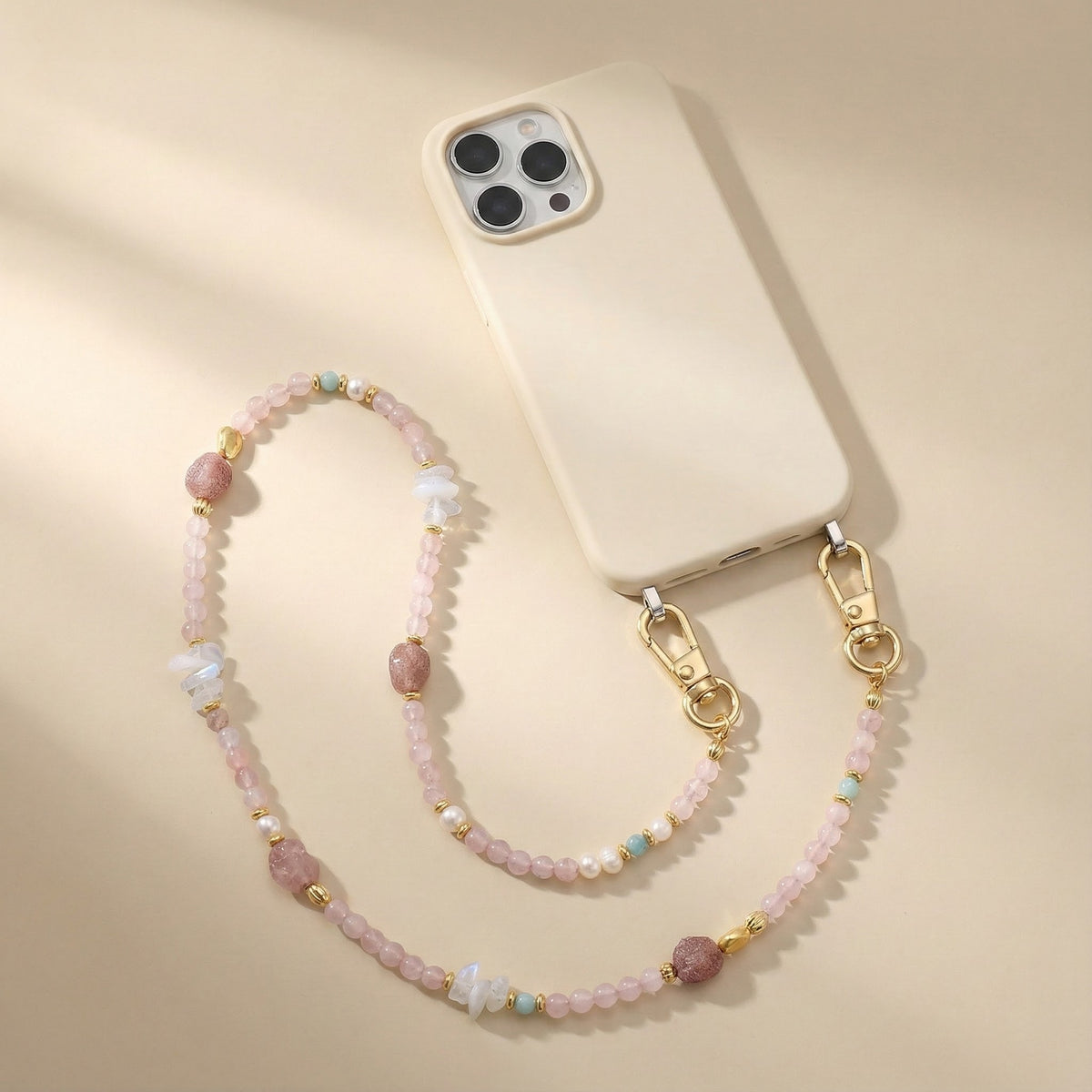 Chaîne de téléphone avec breloque en quartz rose