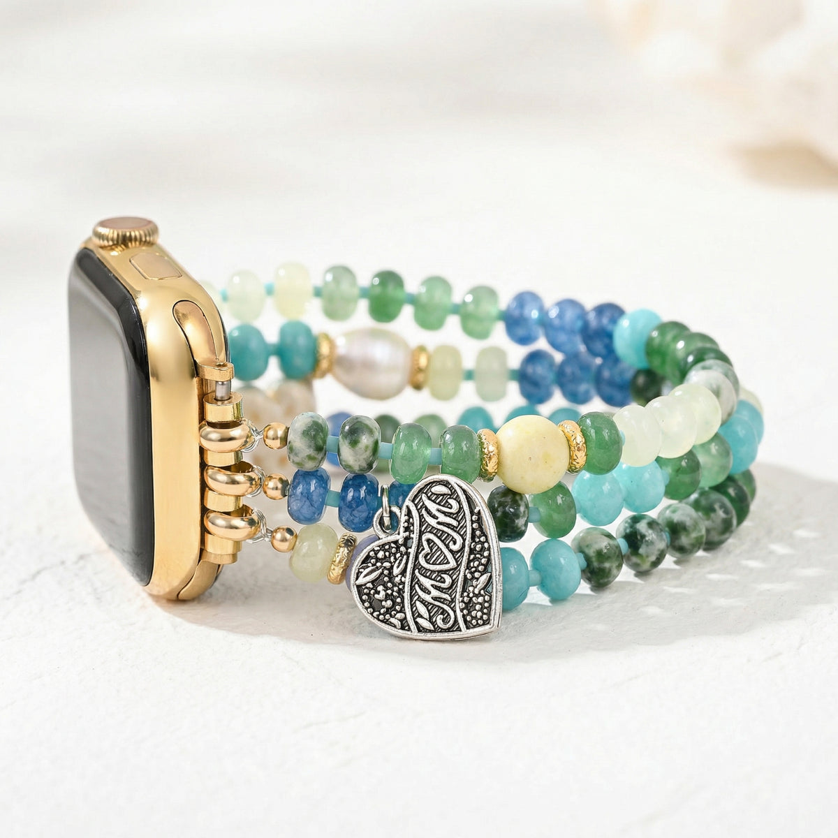 Bracelet extensible Jade Pearl Love MOM pour Apple Watch