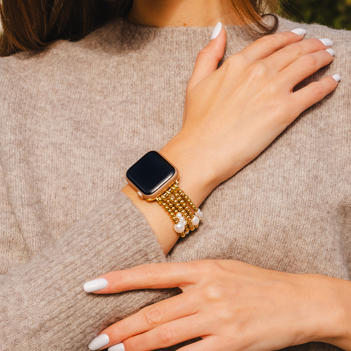 Bracelet extensible Apple Watch en or et perle