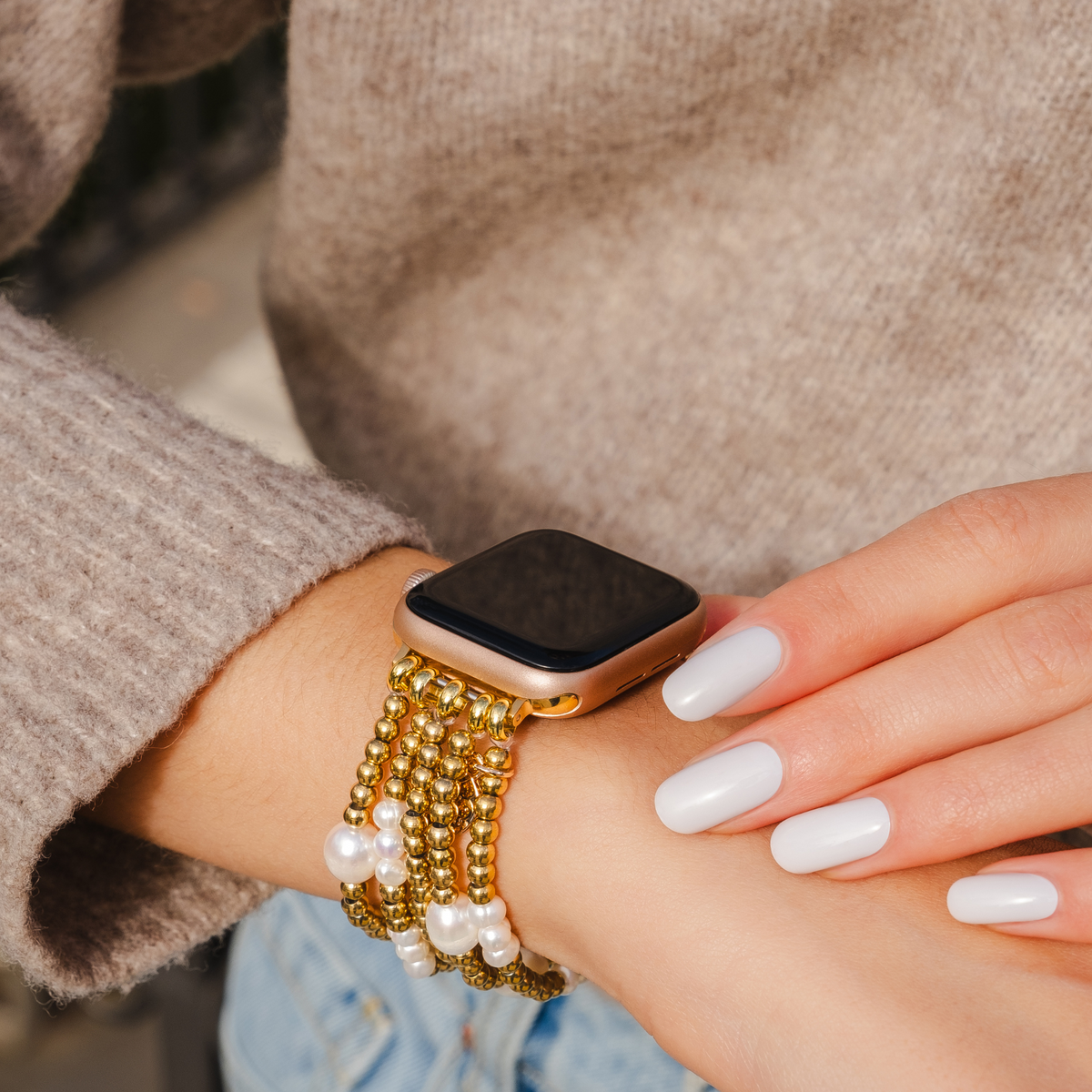 Bracelet extensible Apple Watch en or et perle