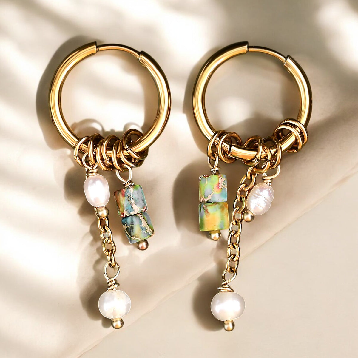 Boucles d'oreilles créoles en perles et agates Golden Grace
