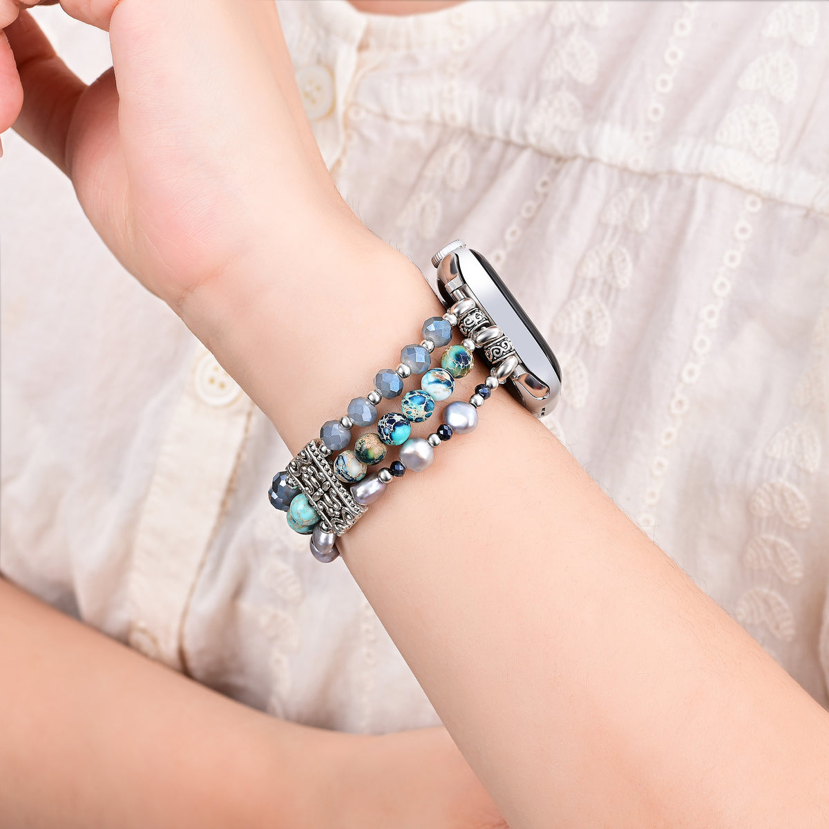 Bracelet extensible nomade artisanal en jaspe pour Apple Watch