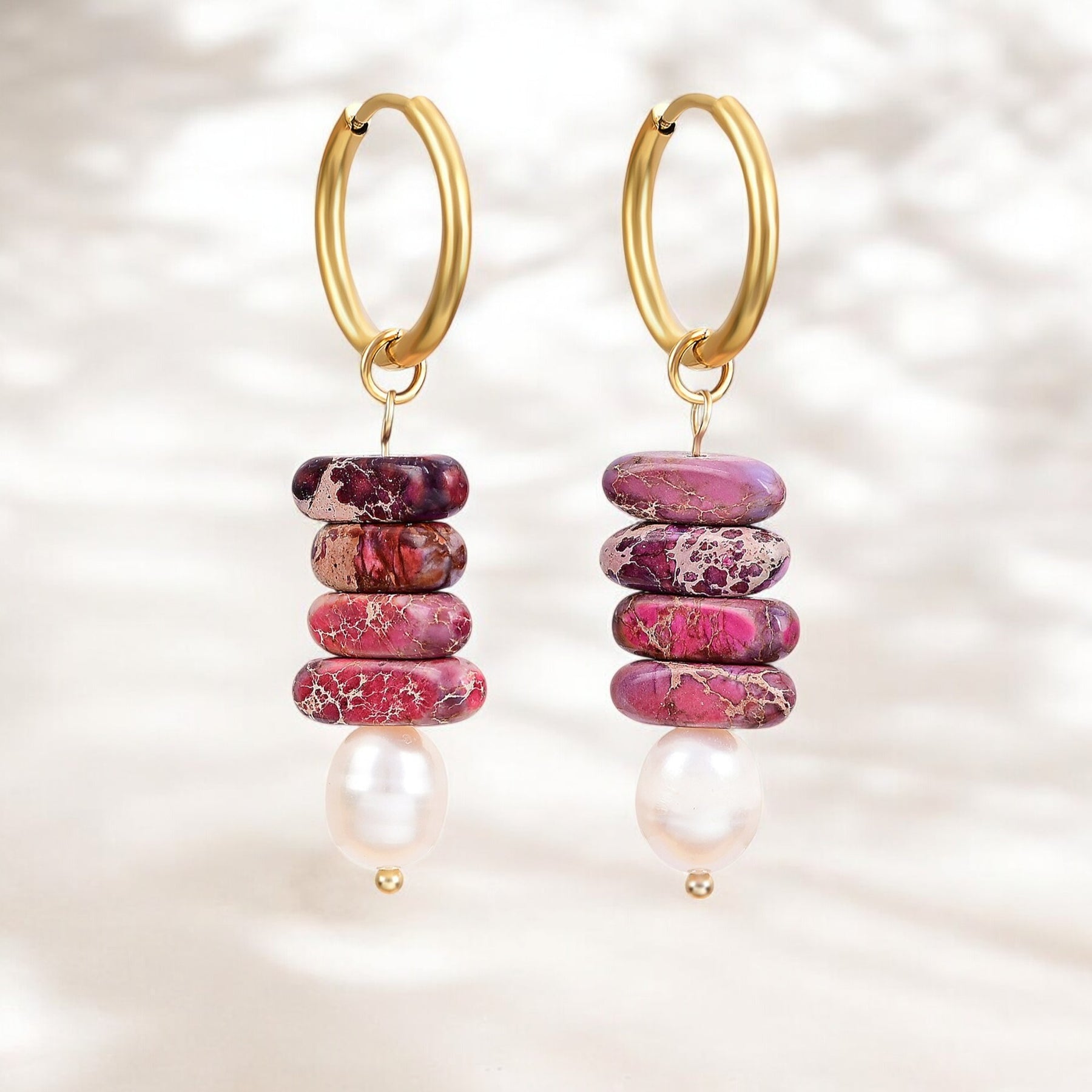 Gouttes en anneau en perles de mer et jaspe magenta