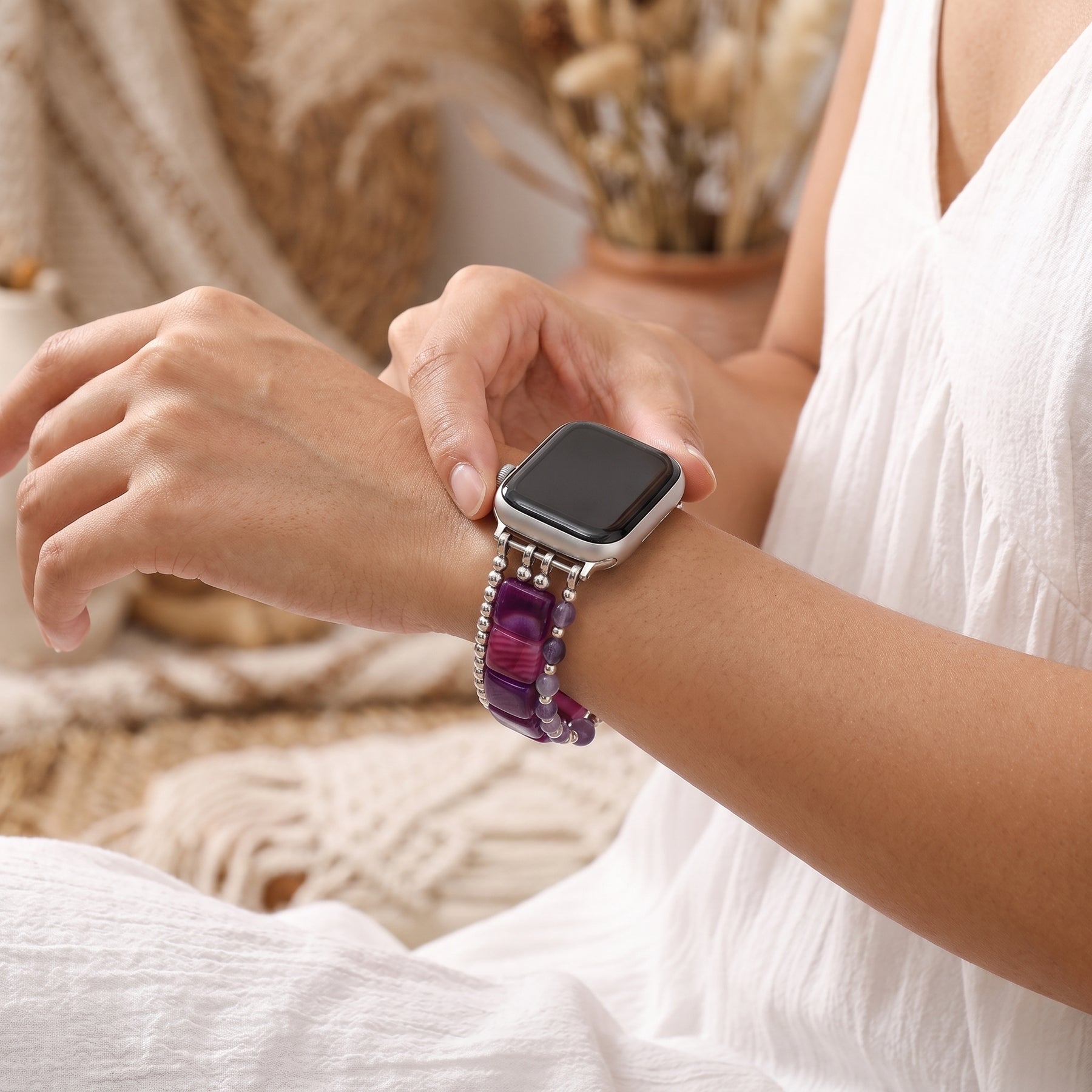 Bracelet extensible pour Apple Watch en agate Golden Hour, argenté