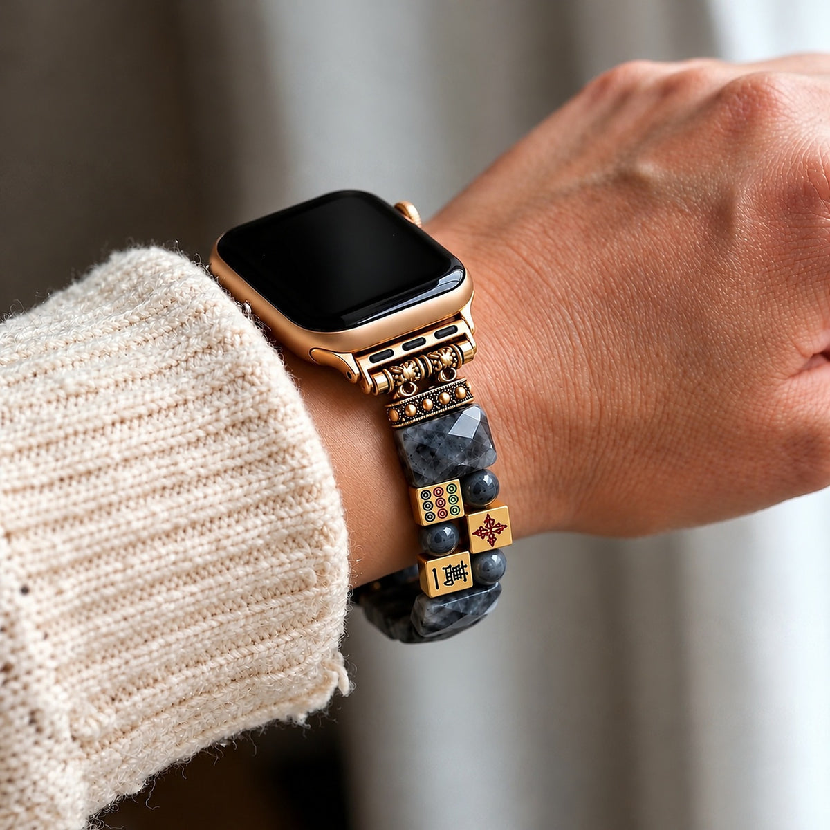 Midnight Fortune mahjong Apple Watch strap worn on the wrist